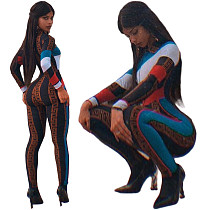 Sexy Sports Mosaic Color Long Sleeve Bodycon Jumpsuit ORY-5170