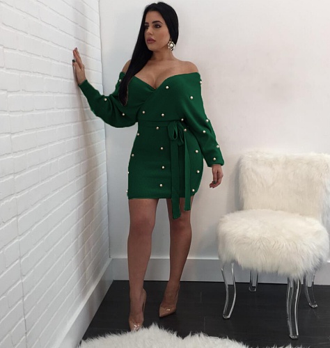 Winter Beaded Long Sleeve Irregular Package Hip Sweater Dress OY-6228