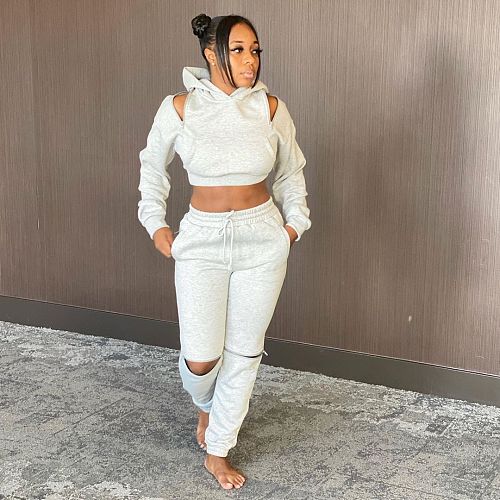 Zipper Long Sleeve Cropped Hoodie Sweatpants Tracksuit NIYA-8020