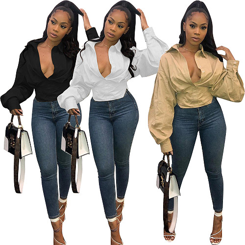 Temperament Solid Color Lapel Shirt Lantern Sleeve Blouse HMS-5370