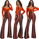 Sexy Slim Long Sleeve Crop Top+Plaid Strap Trousers Set FSX-188