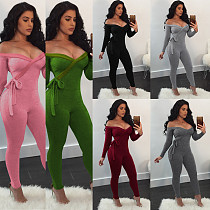 Off Shoulder V-neck Long Sleeve Sexy Side Bodycon Bandage Jumpsuit FSX-06