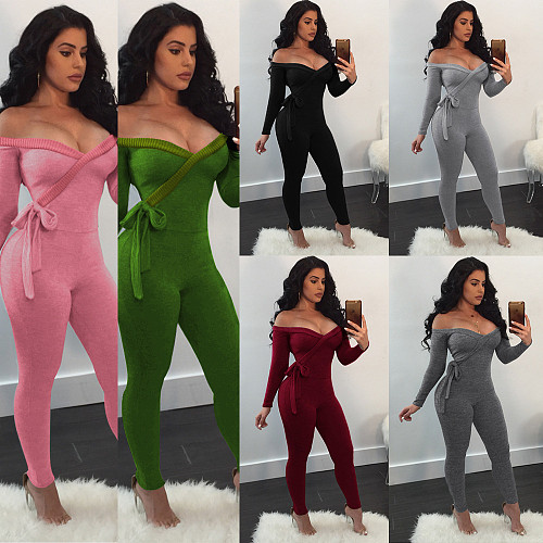 Off Shoulder V-neck Long Sleeve Sexy Side Bodycon Bandage Jumpsuit FSX-06