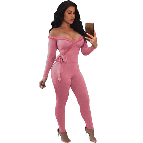 Off Shoulder V-neck Long Sleeve Sexy Side Bodycon Bandage Jumpsuit FSX-06