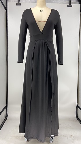 Solid-color Long-sleeve V-neck Stitched Slit Nightclub Dress XMY-9265