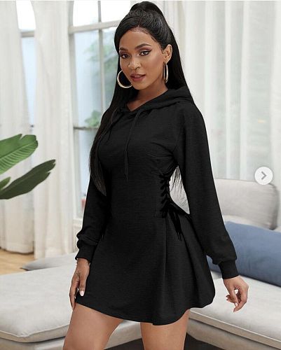Fall Drawstring Hooded Side Bandage Skater Dress OYF-8226