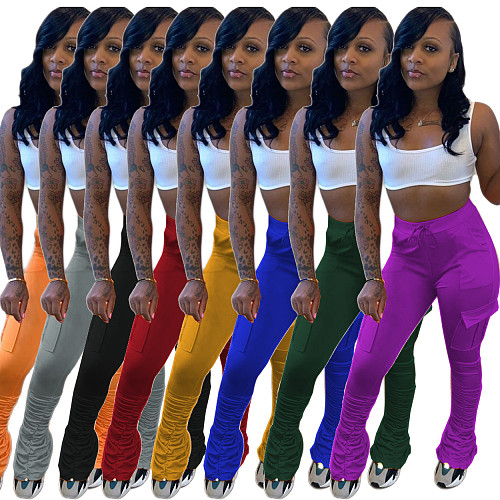 Casual Solid Color Multiple Pockets Pleated Sweatpants MK-3018