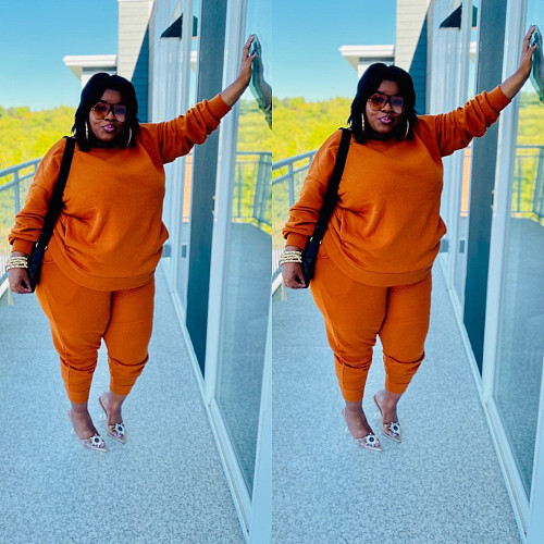 Plus Size Solid Women's Sweatshirt Pants Casual Outfit BER-8031