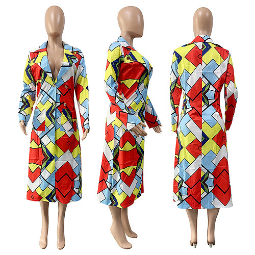 Women's Colorful Geometric Plaid Printed Lapel Long Coat GLS-8056