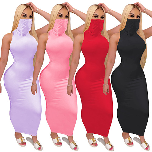 Women's Solid Sleeveless High Collar Patchwork Mask Dress TE-4032