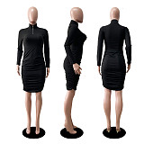 Solid Long Sleeve High-necked Zippered Ruffled Dress DD-8056