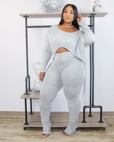 Fashion Solid Slim Pleated Drawstring Pants Two-piece Set  XY-9060