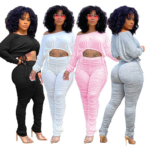 Fashion Solid Slim Pleated Drawstring Pants Two-piece Set  XY-9060