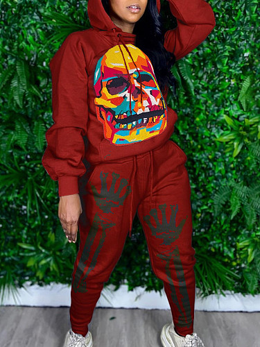 Fall Skeleton Halloween Printed Thick Hoodie Sweatpants Set SD-1078