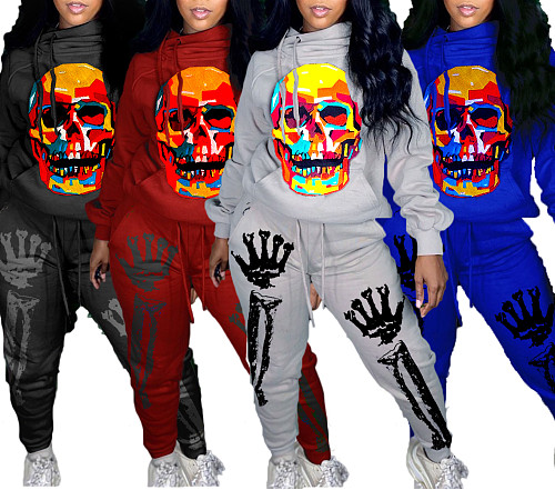 Fall Skeleton Halloween Printed Thick Hoodie Sweatpants Set SD-1078