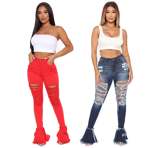Hole Hollow Out Ruffles Hem Denim Trousers LX-5002