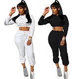 Women Sexy Hoodie Short Tops Long Pants Loose 2 Piece Set HMS-5390