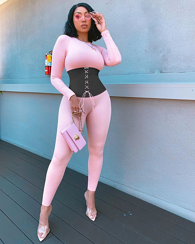 Band Rib Stitching Long Sleeve One Piece Sexy Outfits Jumpsuit NIK-183