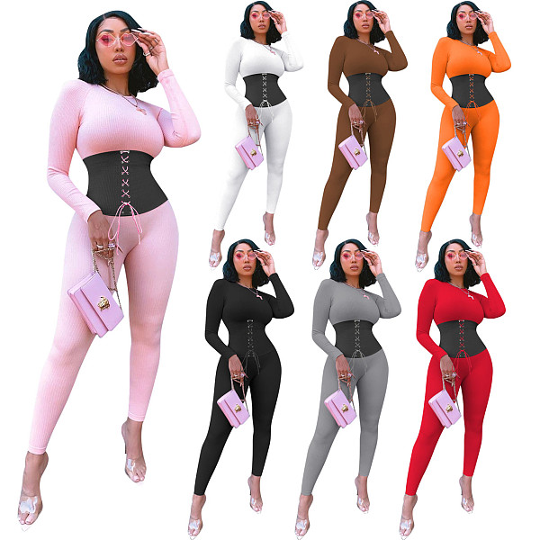 Band Rib Stitching Long Sleeve One Piece Sexy Outfits Jumpsuit NIK-183