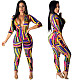 Color Printed Long Sleeve Front Zipper Slim Jumpsuit QZX-6003
