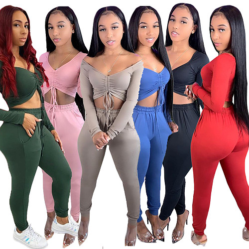 Solid Wrapped Chest Long-sleeve Tops Pencil Pants Set DM-8155