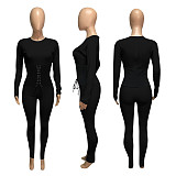 Band Rib Stitching Long Sleeve One Piece Sexy Outfits Jumpsuit NIK-183