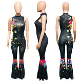 Autumn Inkjet Printed Sleeveless Skinny Flared Jumpsuit NIK-160