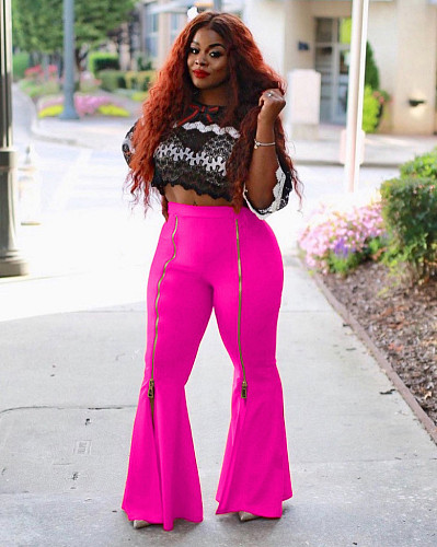 Solid High-waisted Flounces Zipper Flared Trousers MAE-2065