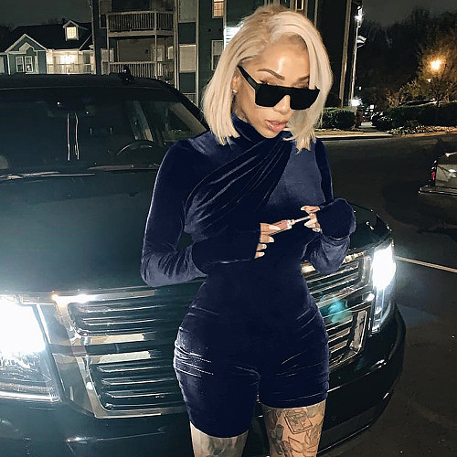 Sexy Solid Color Long Sleeve High Stretch Velvet Zip Romper ASL-6306