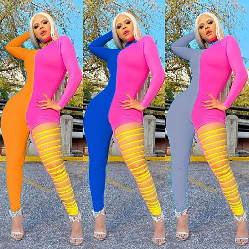 XS Stylish Contrast Color Long Sleeves Zip-up Sport Jumpsuit MAE-2066