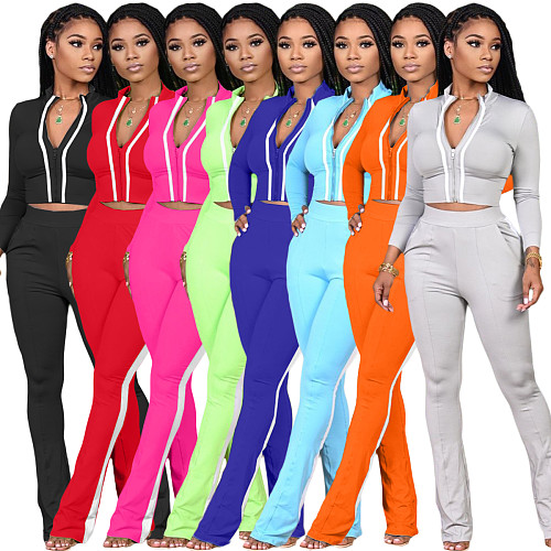 Belly-navel Zipper Crop Top Leggings Two-piece Set XMY-9266