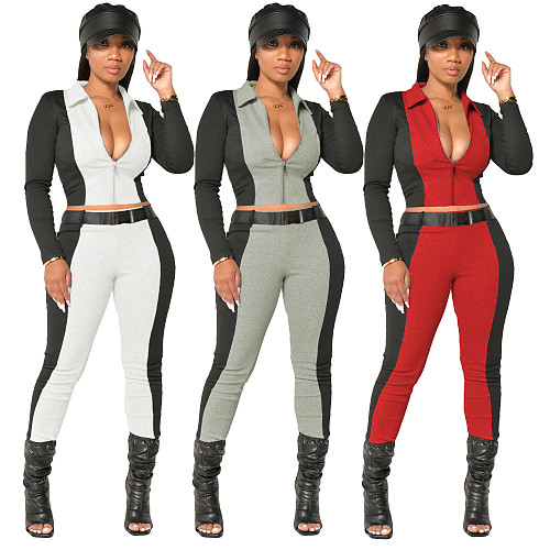 Contrast Color Spliced Threaded Zipper Top Leggings Set ML-7381