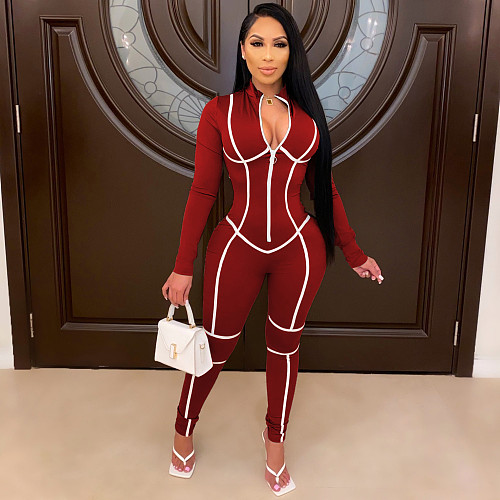 White Line Splicing Long Sleeve Zipper Skinny Jumpsuit MEI-9116