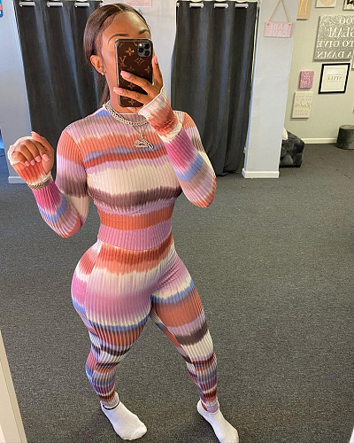 Hot Style Stripe Print Long Sleeve Skinny Pit Jumpsuits WSM-5205