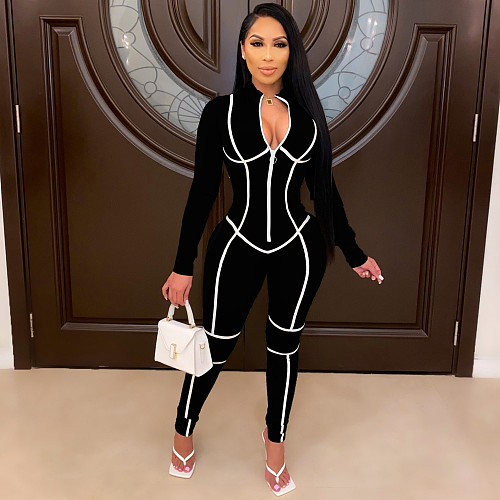 White Line Splicing Long Sleeve Zipper Skinny Jumpsuit MEI-9116