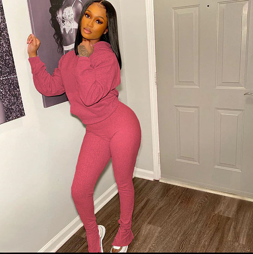 Women Solid Color Long Sleeve Hoodie Leggings Sport Suit LM-8198