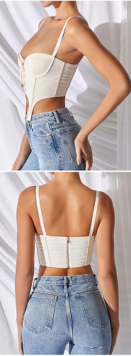 Slim Fit Bodycon Night Club Sleeveless Buckle Crop Tops MS-1329