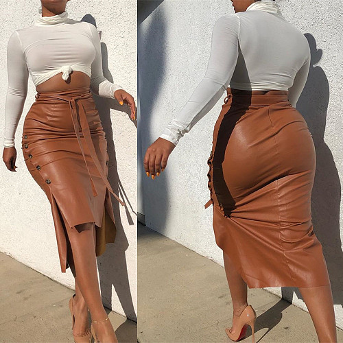 Solid High Waist Split Sheath Wrap PU Leather Skirts LSL-6347