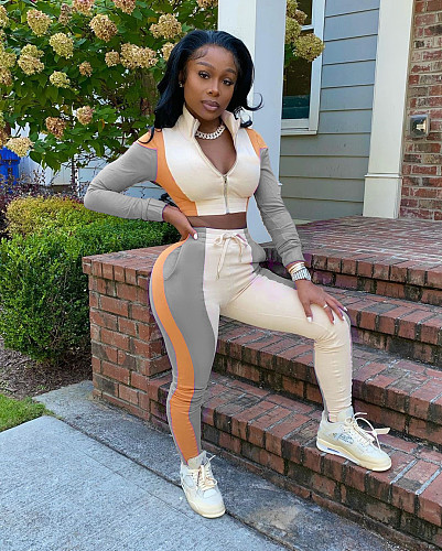 Autumn Long Sleeve Zipper Crop Top Pants 2 Piece Outfits YH-5189