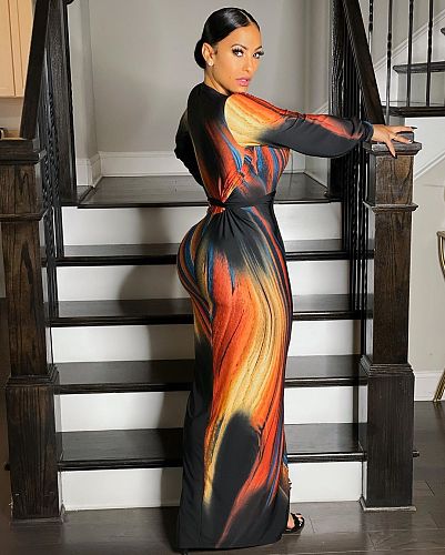 Winter Elegant Print V-neck Long Sleeve Slim Dress LS-0326