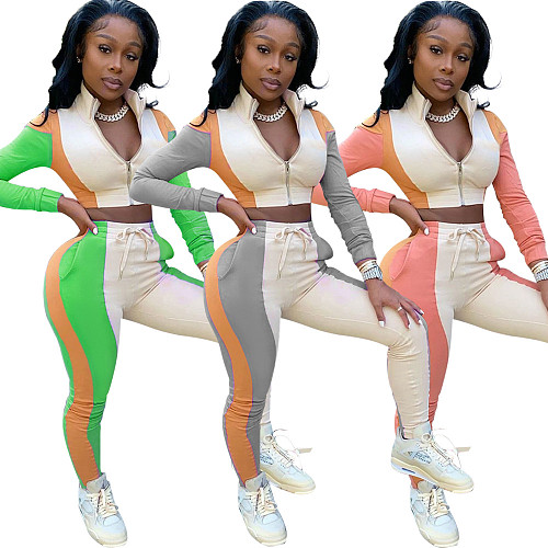 Autumn Long Sleeve Zipper Crop Top Pants 2 Piece Outfits YH-5189
