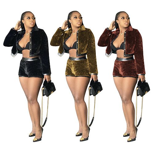 Korean Suede Patchwork Coat Shorts Two-piece Set MOF-5188