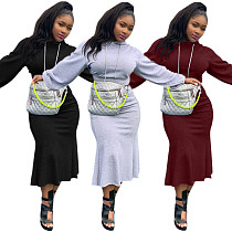 Women Solid Long Sleeve Sweatshirt Midi Skirt Set LP-6250