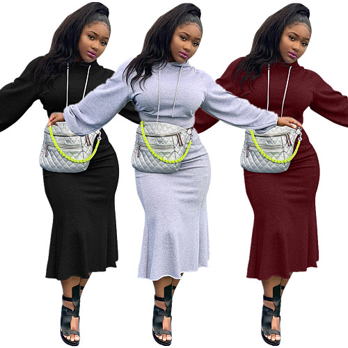 Women Solid Long Sleeve Sweatshirt Midi Skirt Set LP-6250