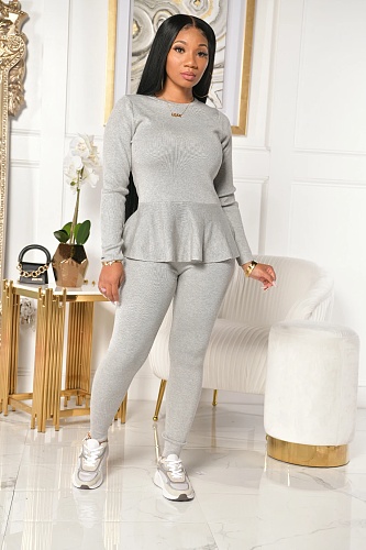 Fashion Solid Long Sleeve Flounce Strap Top Leggings Set LA-3234