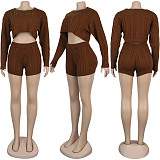 Sweater Long Sleeve Loose Crop Top High Waist Shorts Set FSX-67