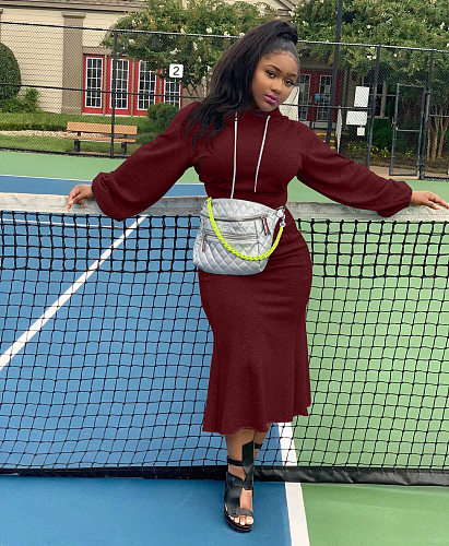 Women Solid Long Sleeve Sweatshirt Midi Skirt Set LP-6250