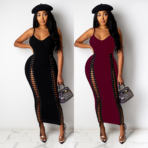 Sexy V-neck Sleeveless Bodycon Hollow Lace Up Dresses FSX-80
