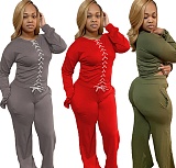 Solid Color Cross-band Long Sleeve Top Wide-leg Pants Set ABL-6632