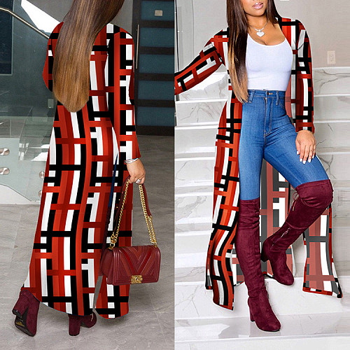 Elegant Geometric Color Printed Streetwear Long Coat GLS-8041